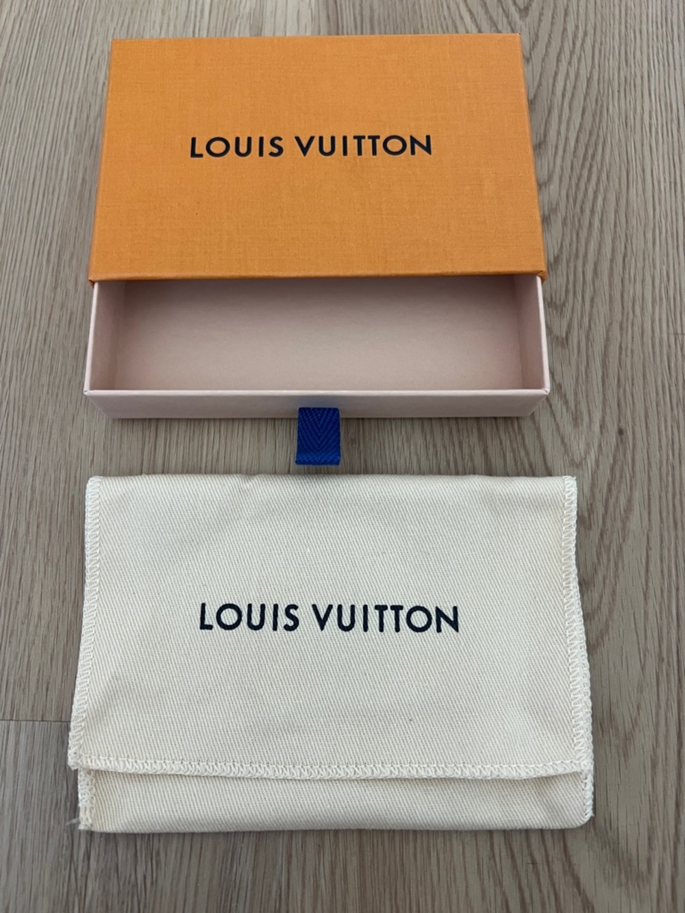 Louis Vuitton Small Orange Box with Cream Dust Pouch and Blue Tab